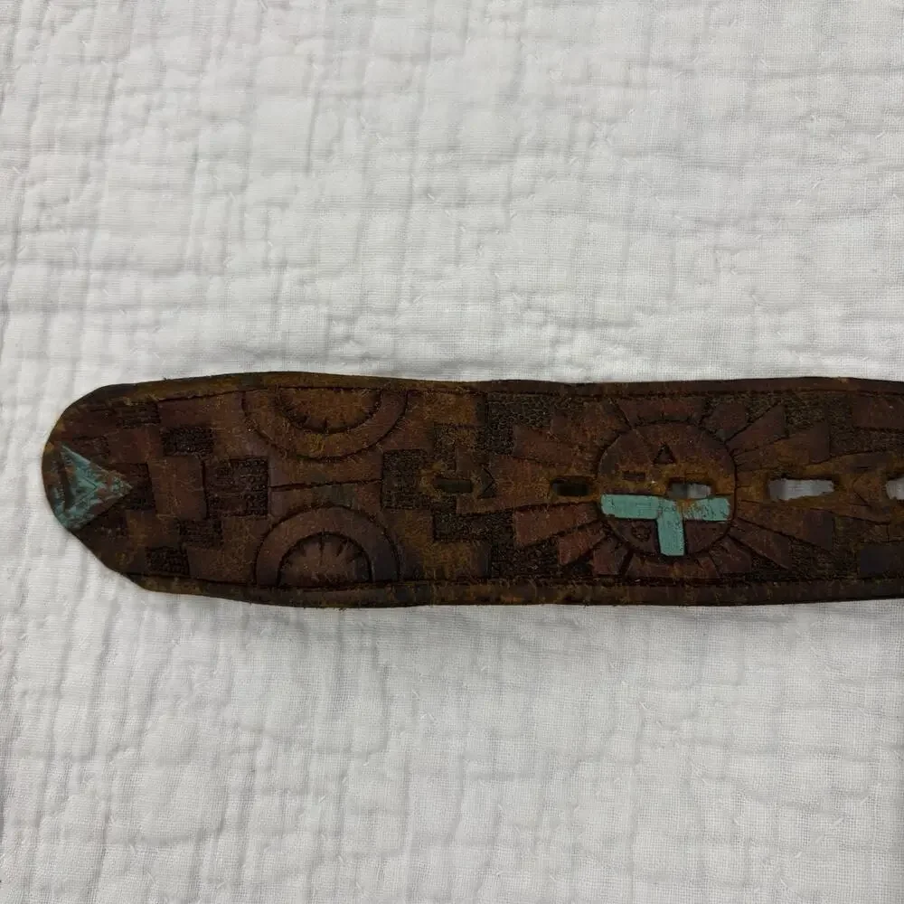 Vintage 70s Tooled Buckle Belt Navajo Geometric Leather Hippie Turquise Paint